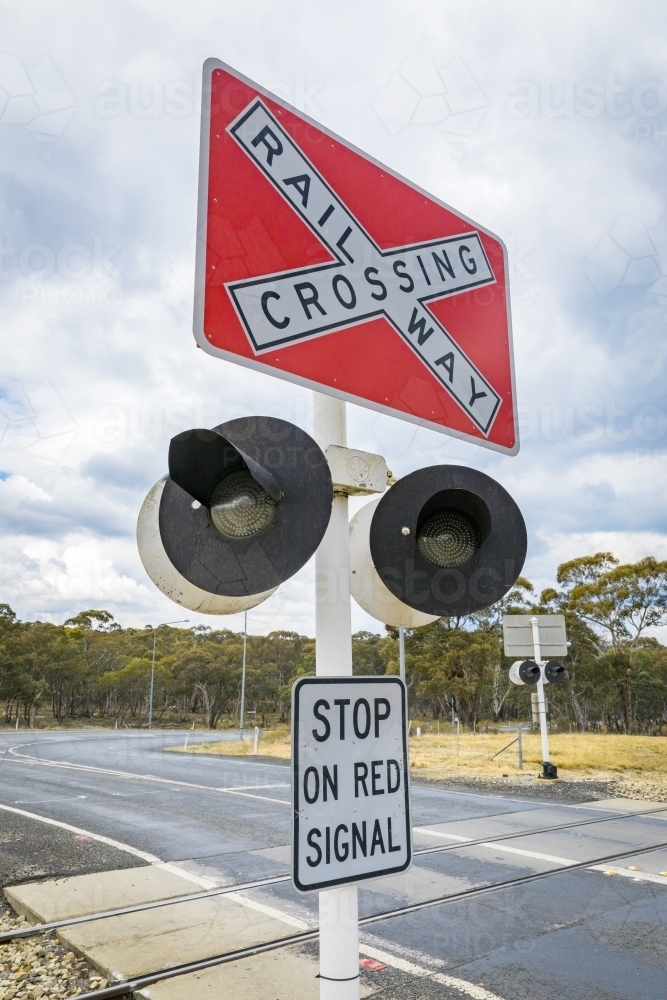 Close up of railway crossing sign - Australian Stock Image