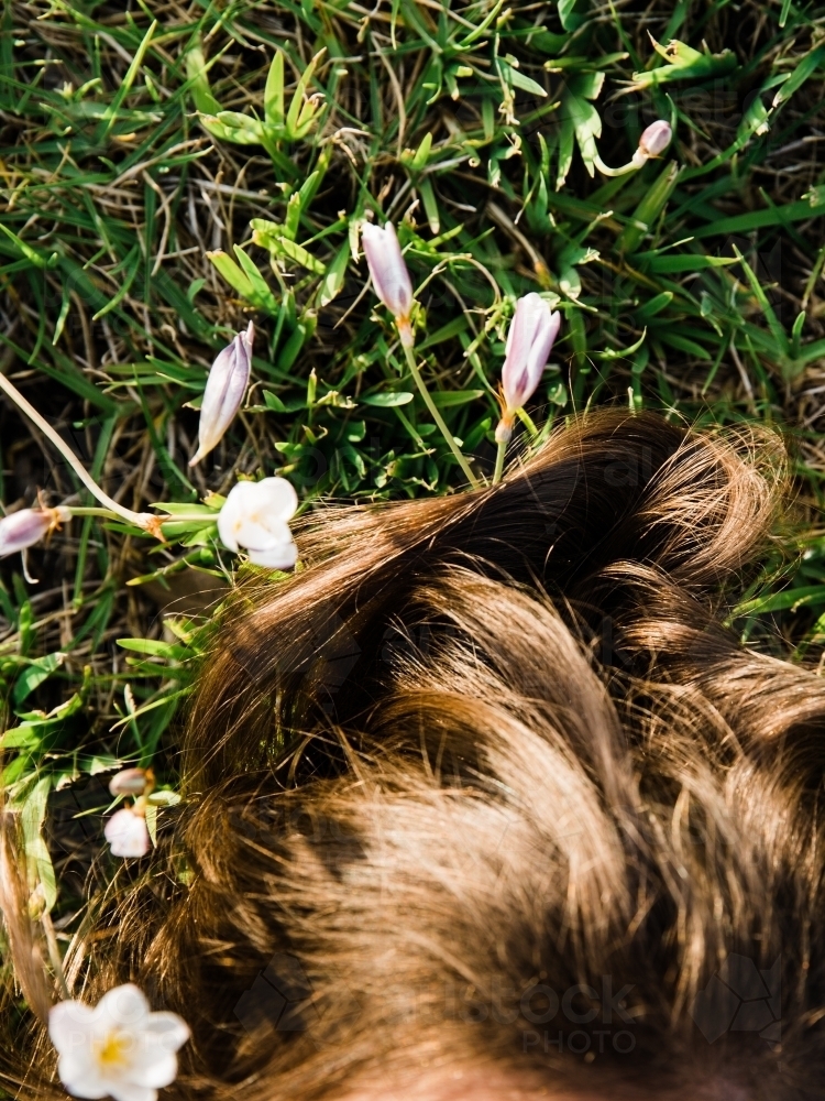 Close up of young girls hair lying in a field - Australian Stock Image