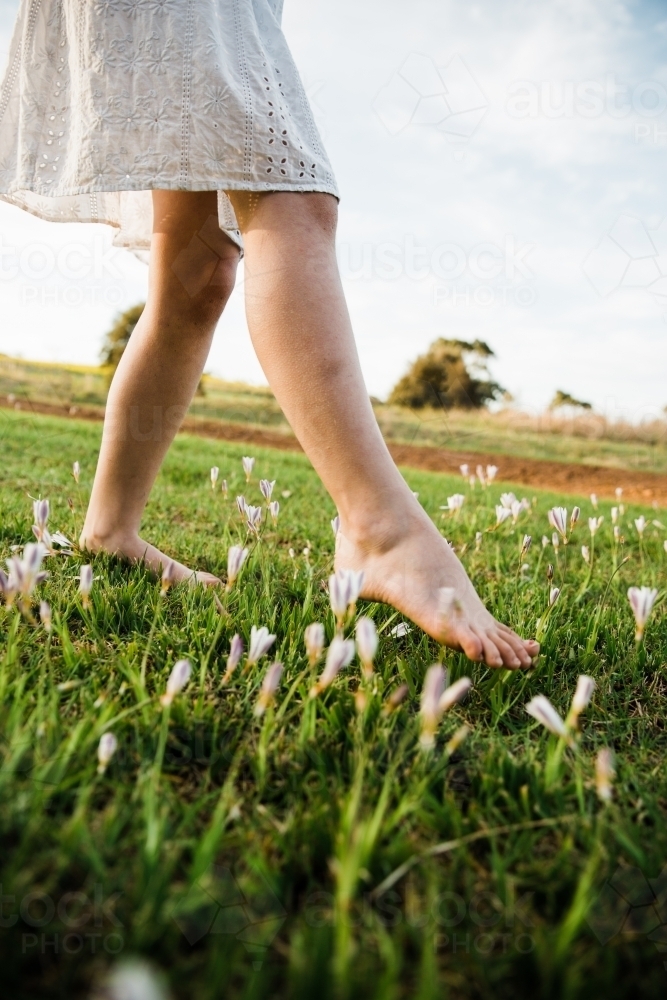 Close up of young girls legs walking in a field of flowers - Australian Stock Image