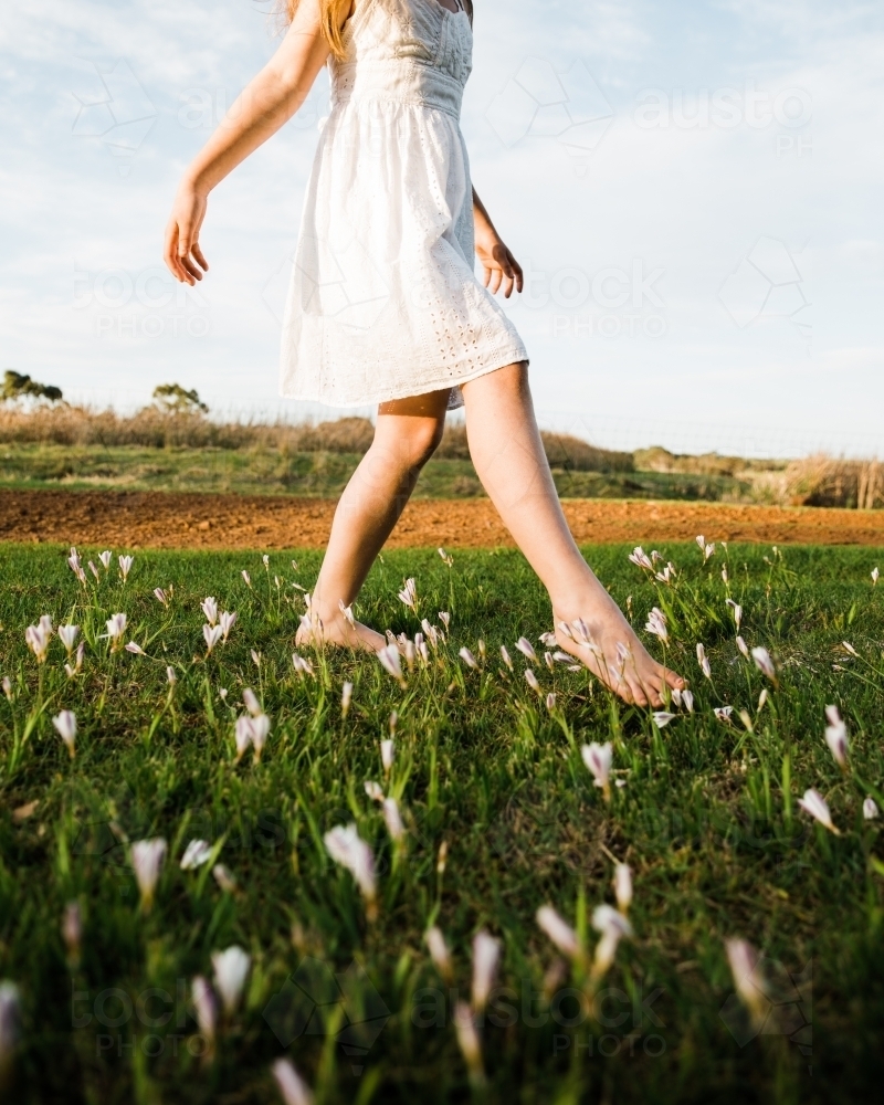 Close up of young girls legs walking in a field of flowers - Australian Stock Image