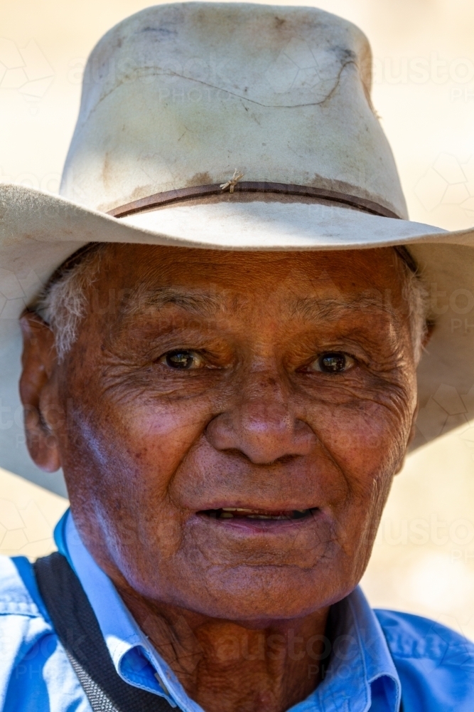 Close-up portrait of an elderly aboriginal stockman. - Australian Stock Image