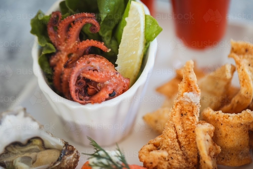 Close up selection of seafood platter featuring squid and oysters - Australian Stock Image