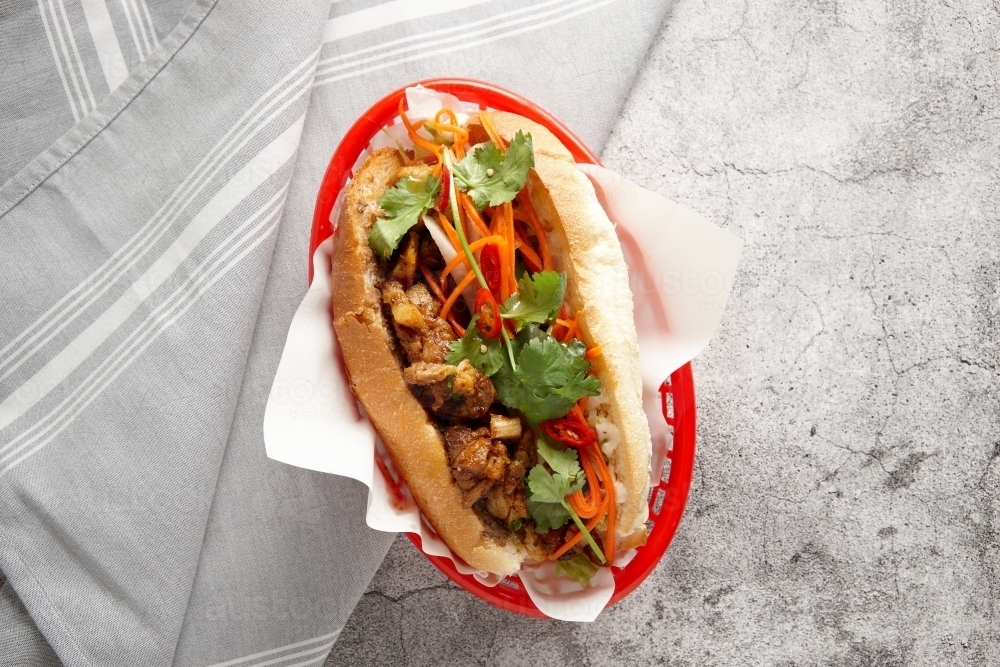 close up shot of a lemon grass chicken roll - Australian Stock Image