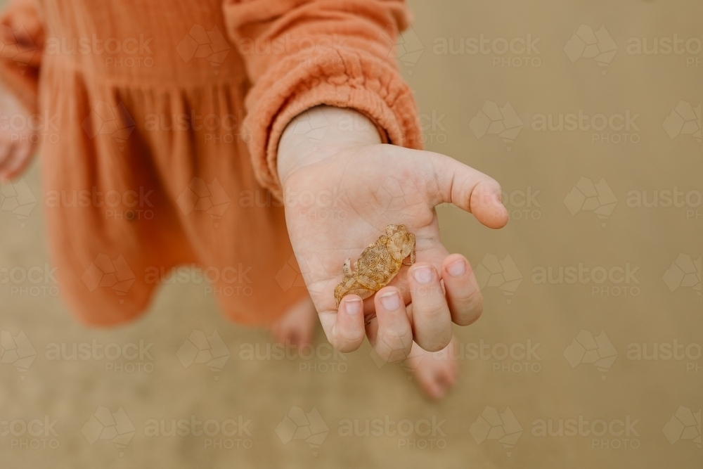 Close up shot of a small crab in the palm of a child wearing an  orange dress - Australian Stock Image