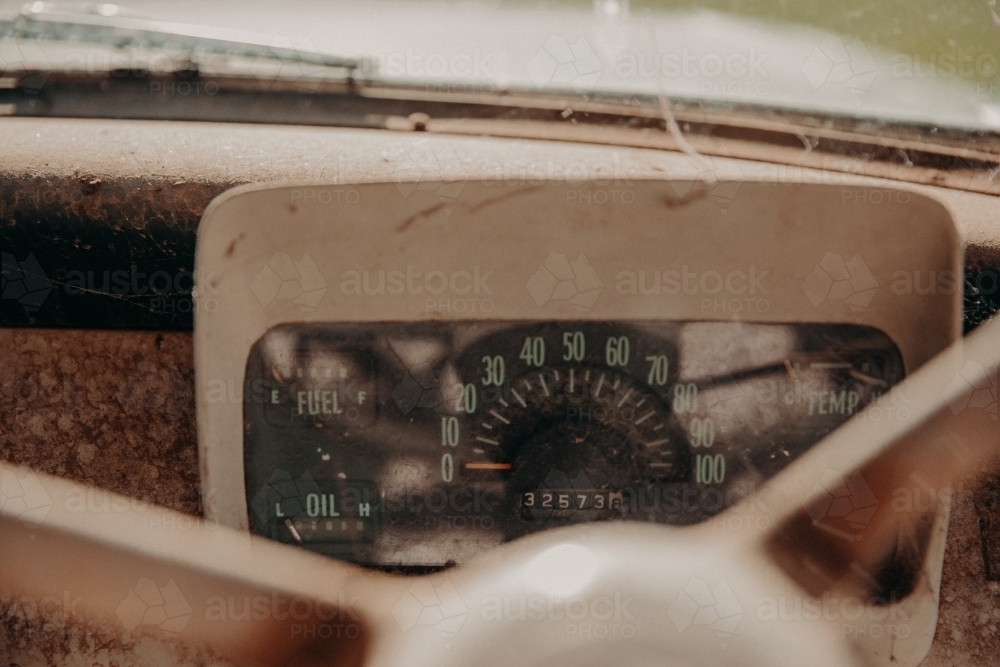 Close up shot of a vintage speedometer - Australian Stock Image