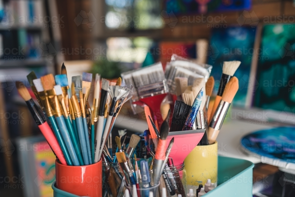 Close up shot of different kinds of paint tools - Australian Stock Image