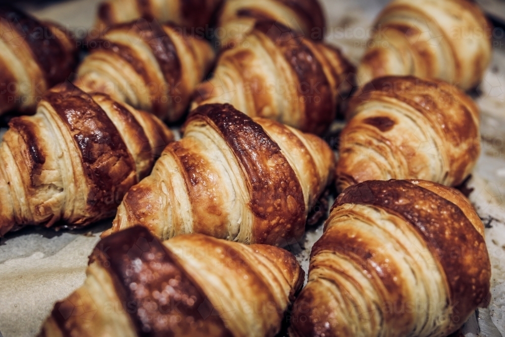 Close up shot of fresh baked croissants - Australian Stock Image