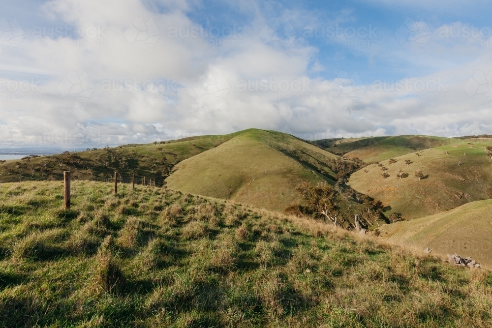 Landscape of green hills on a sunny day - Australian Stock Image