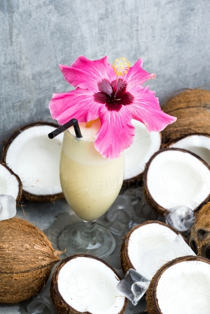 Close up shot yellow drink in a wine glass with a pink flower on top surrounded by brown coconuts - Australian Stock Image