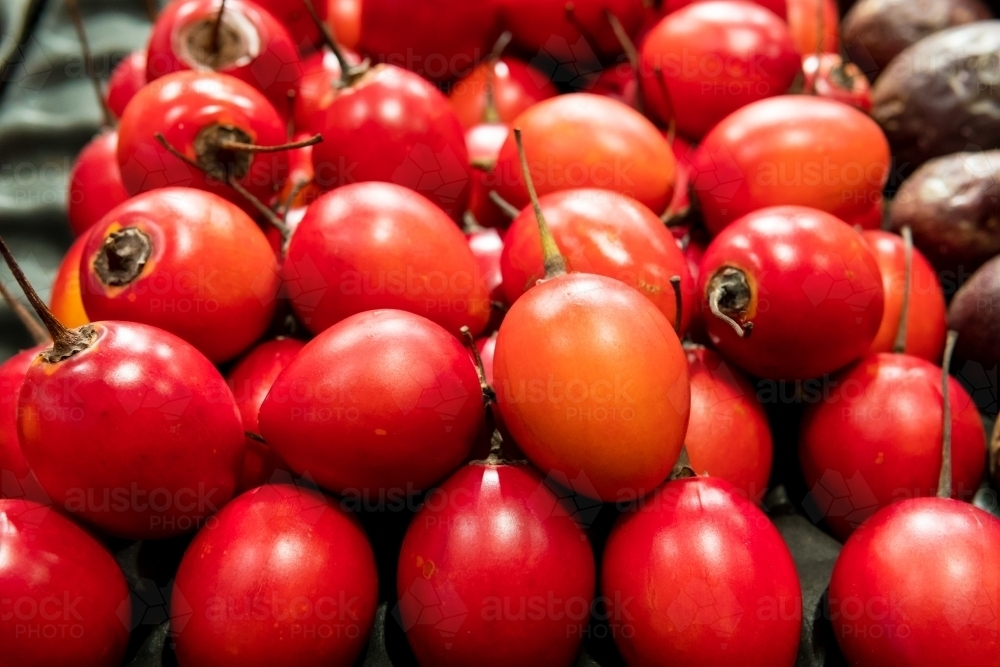 Closeup of a kind of uncommon fruit red Tamarillo. Tree tomato with sour sweet taste - Australian Stock Image