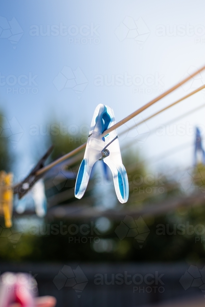 Clothesline Pegs hanging on a sunny morning - Australian Stock Image