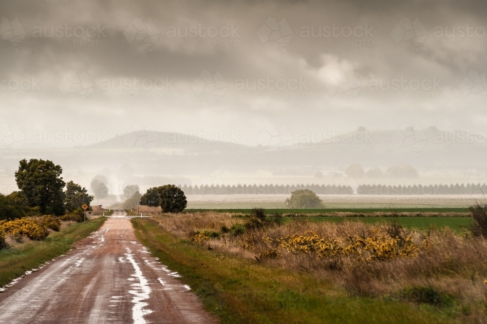 Clunes winter landscape of rain and unsealed country road - Australian Stock Image