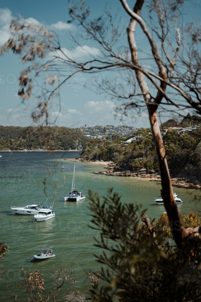 Coast views of boats on the water near Castle Rock Beach as seen from Spit to Manly Walk - Australian Stock Image