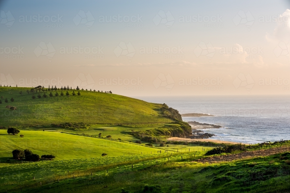 Coastal landscape of rolling green hills and a beach - Australian Stock Image