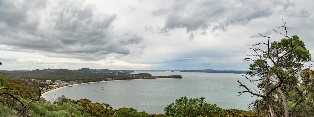 Coastal panorama on an overcast day from Tomaree Head, Nelsons Bay - Australian Stock Image