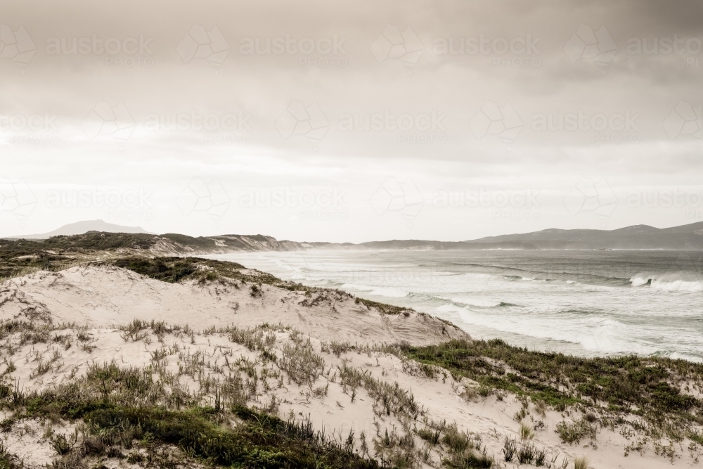 Coastal shot of beach in wintery weather - Australian Stock Image