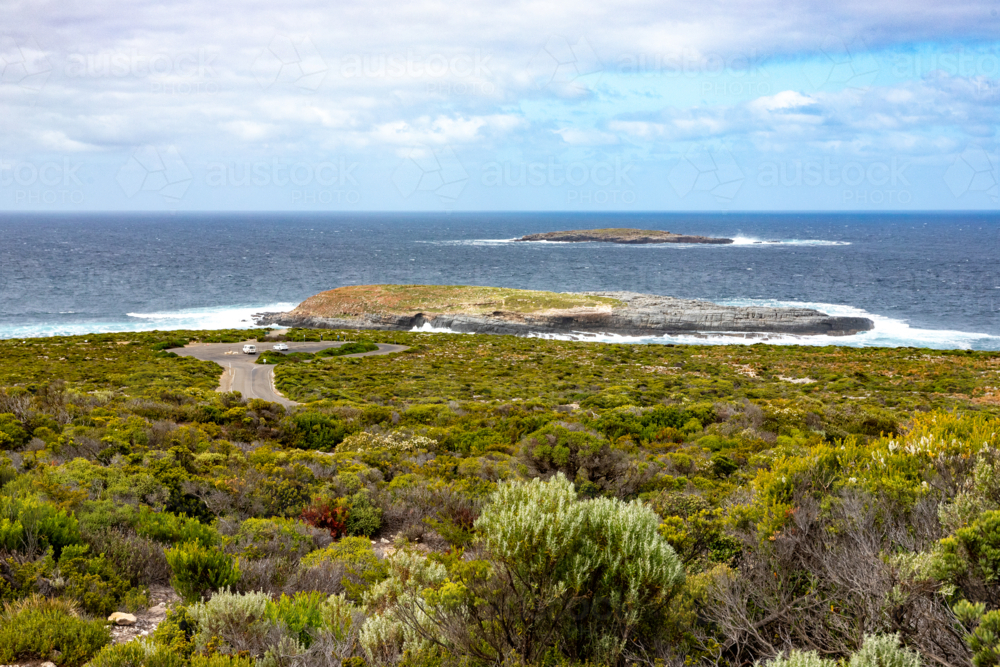 Coastal View with Offshore Island from Admirals Arch, Kangaroo Island - Australian Stock Image