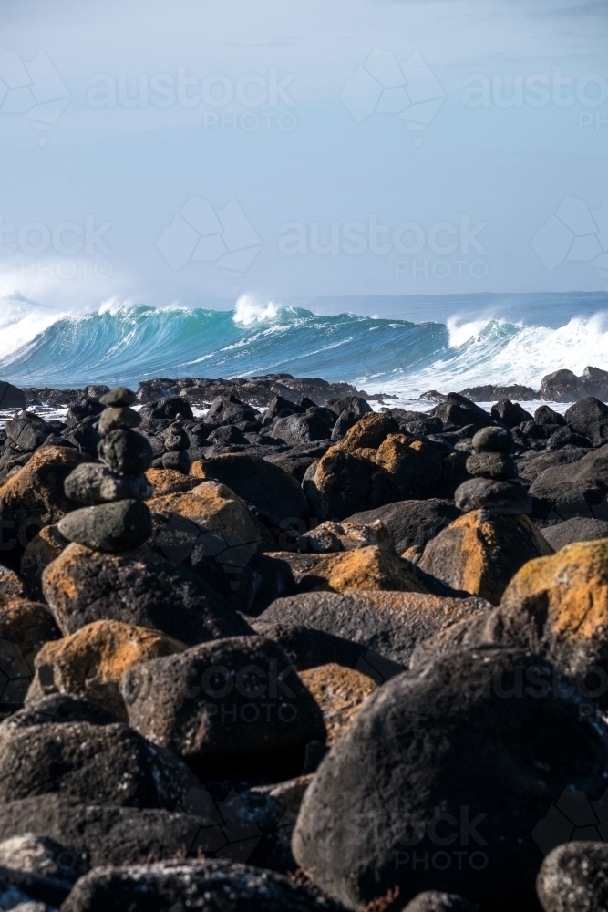 Coastline with basalt rocks and waves - Australian Stock Image