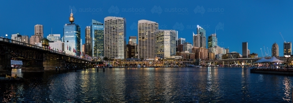 Cockle Bay at dusk with Sydney skyline in background, Darling Harbour Sydney - Australian Stock Image