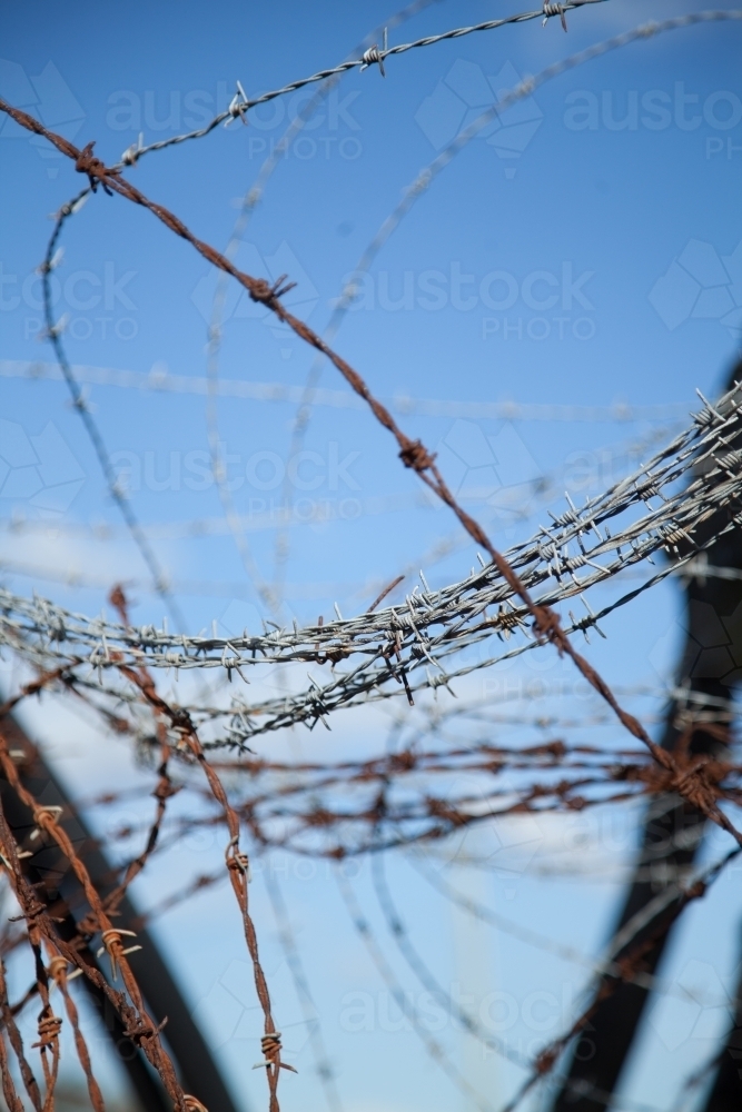 Coils of rusted barbed wire in a disused cattle chute - Australian Stock Image
