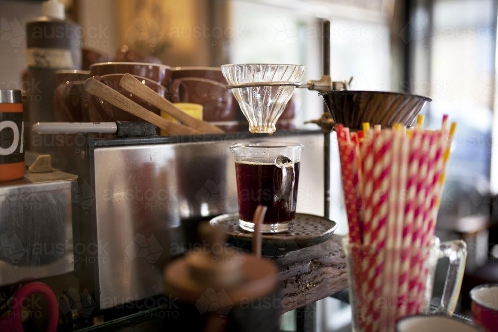 Cold drip coffee on counter at cafe - Australian Stock Image