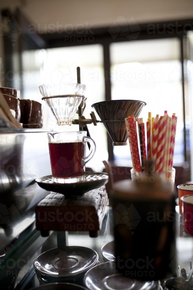 Cold drip coffee on counter at cafe detail - Australian Stock Image