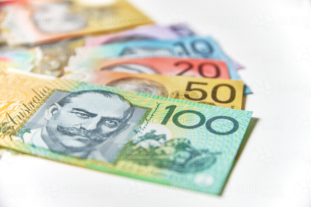 Collection of Australian banknotes arranged according to their denomination - Australian Stock Image