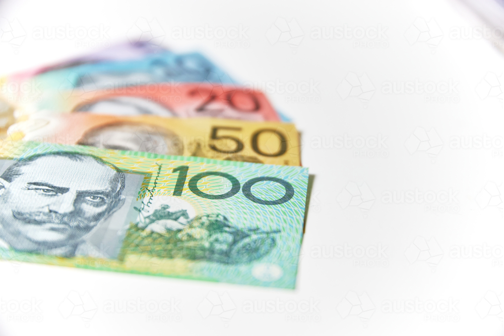Collection of Australian banknotes arranged according to their value - Australian Stock Image