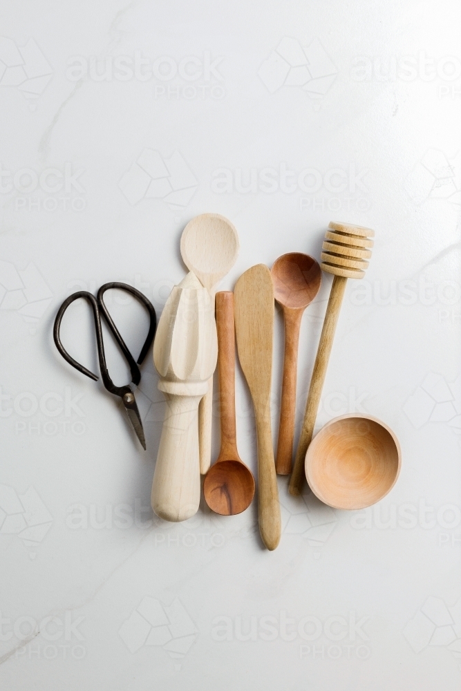 Collection of wooden kitchen utensils - Australian Stock Image