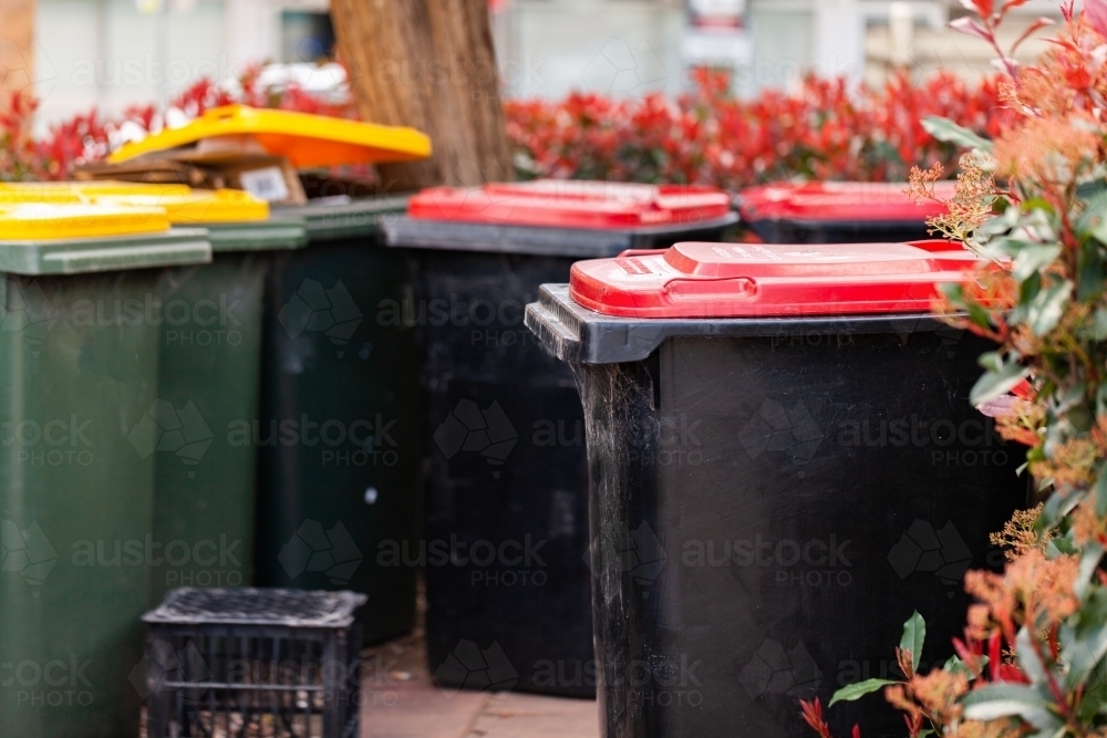 Image of Colletion of rubbish and recycling bins in urban area hidden
