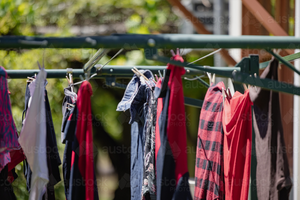 Colourful shirts drying on a line in a sunny garden with vibrant greenery in the background - Australian Stock Image