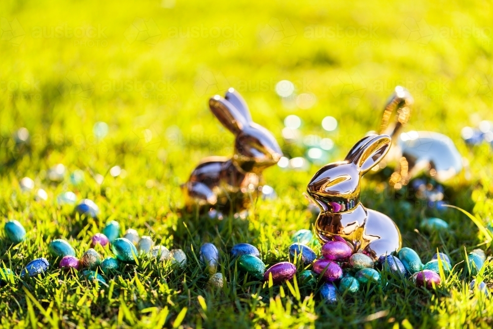 Coloured Shiny Easter bunny and Easter eggs in grass - Australian Stock Image