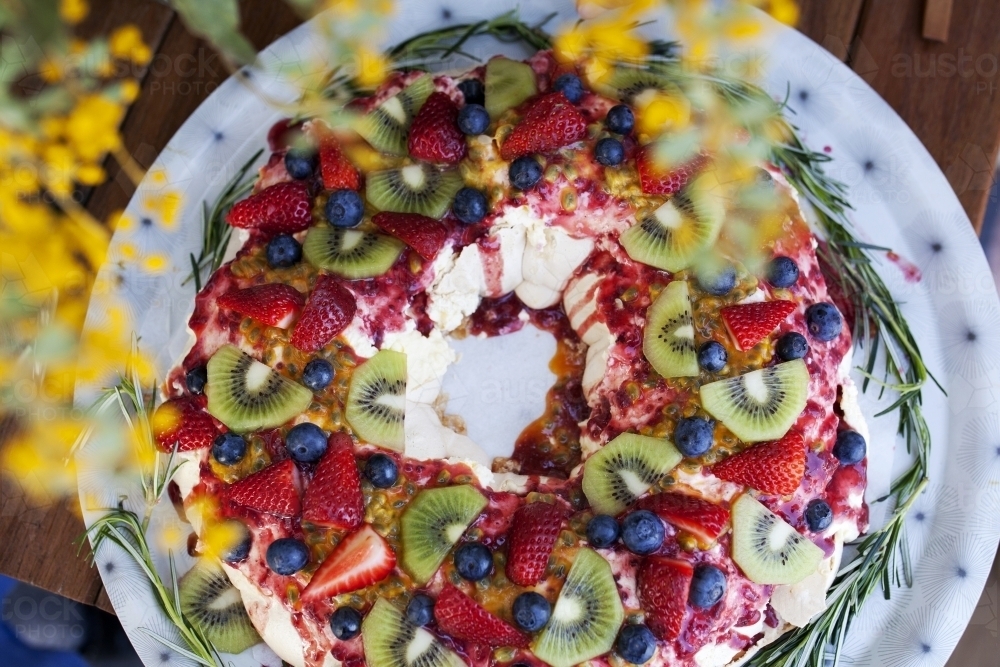 Colourful Christmas pavlova from above - Australian Stock Image