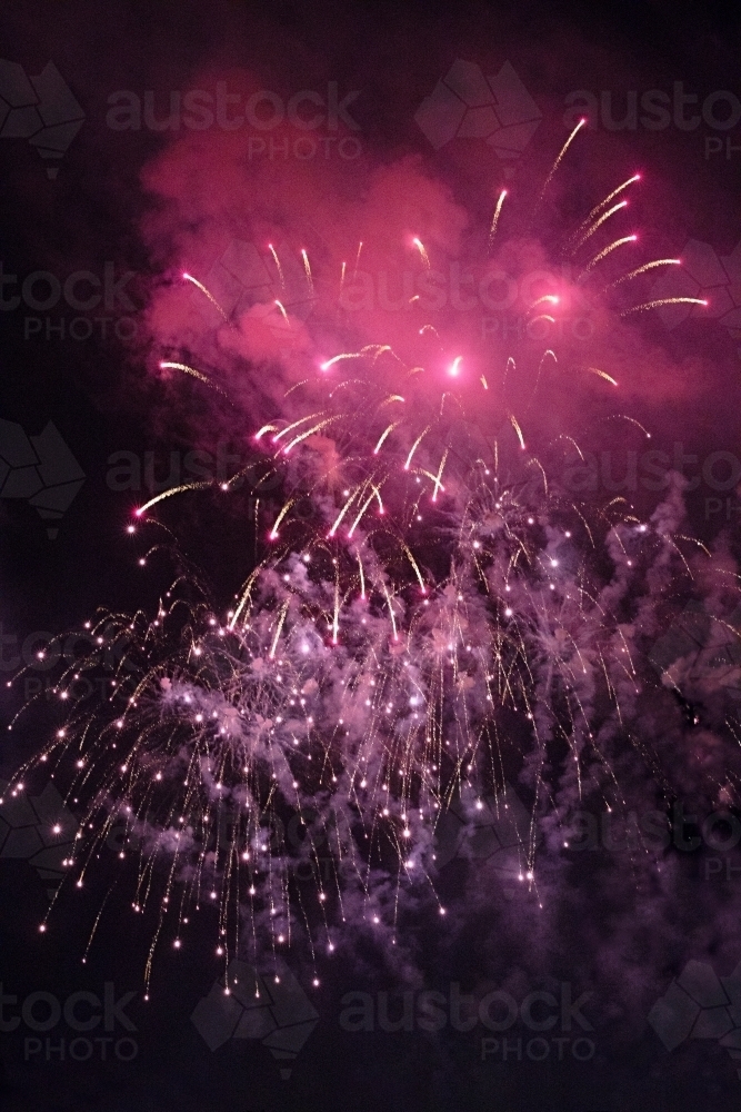 Colourful fireworks display in sky at night - Australian Stock Image
