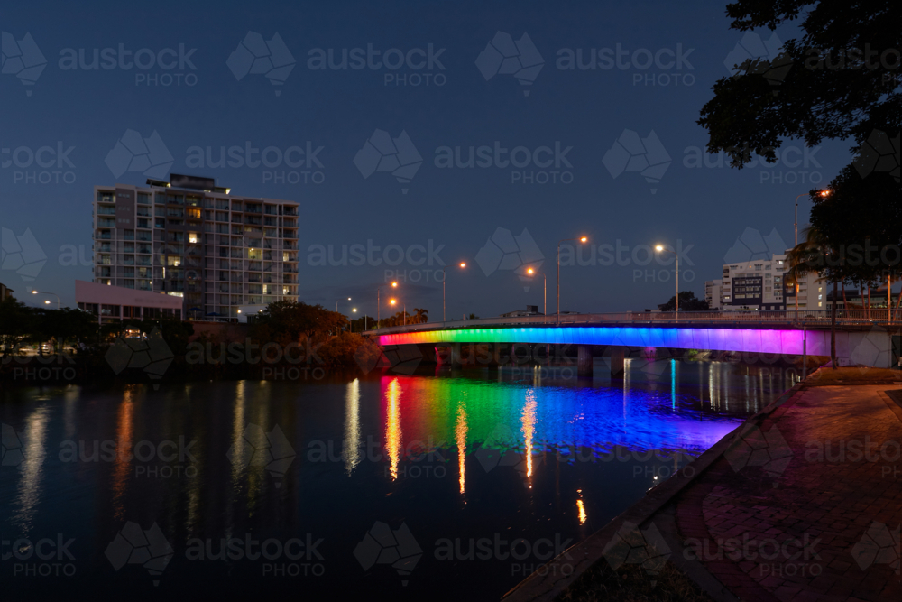 Colourful lit up bridge dawn twilight - Australian Stock Image