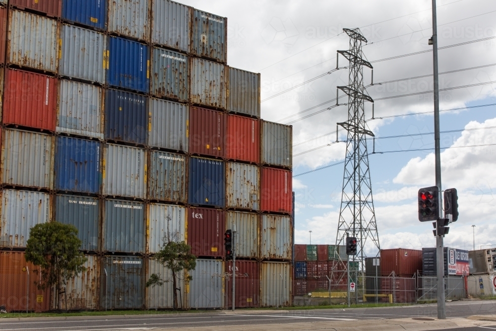 Colourful shipping containers, traffic lights and a power pole - Australian Stock Image