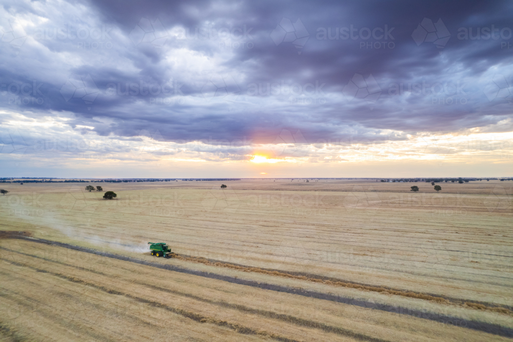 combine harvester moving through the farm field at sunset - Australian Stock Image