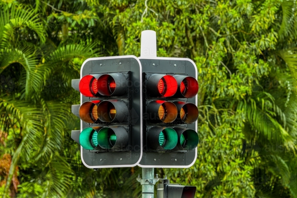Image of Confusion as all traffic lights show at the same time