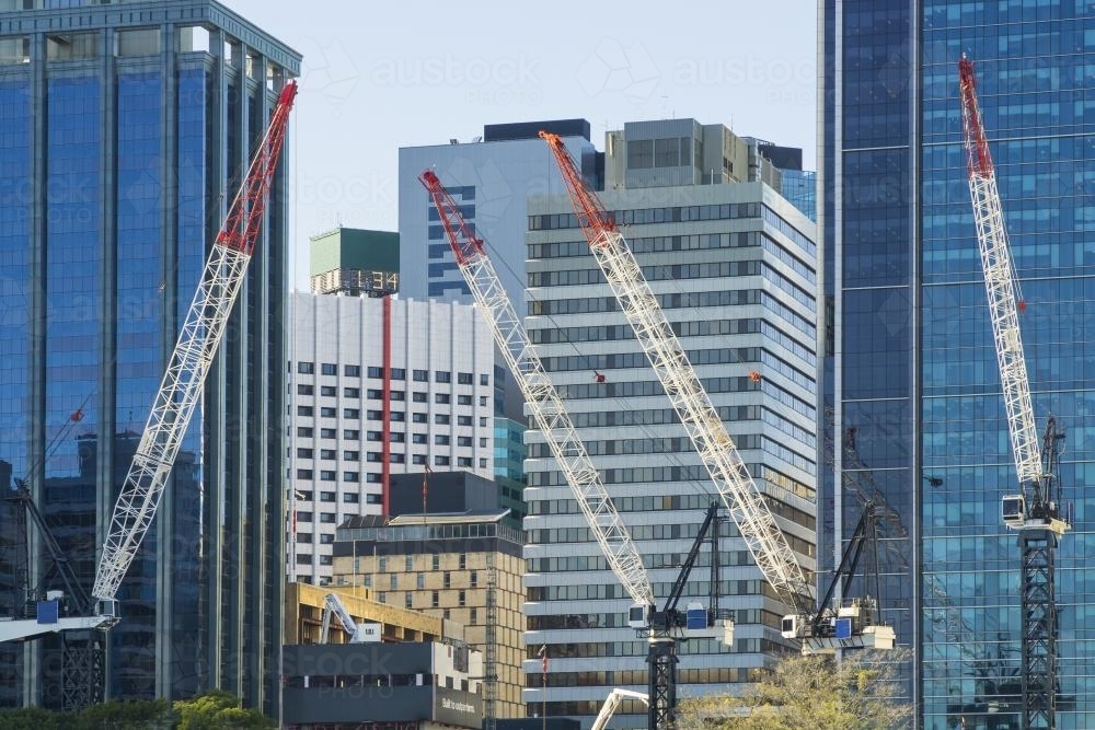 Construction cranes working amongst tall city buildings - Australian Stock Image