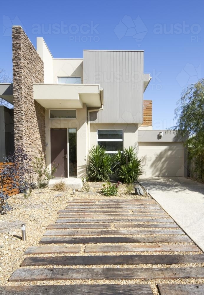 Contemporary townhouse home facade and driveway - Australian Stock Image