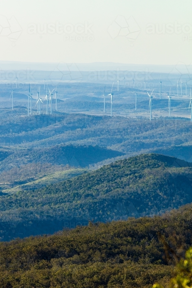 Coopers Gap wind farm in southern Queensland viewed from the distant Bunya Mountains - Australian Stock Image