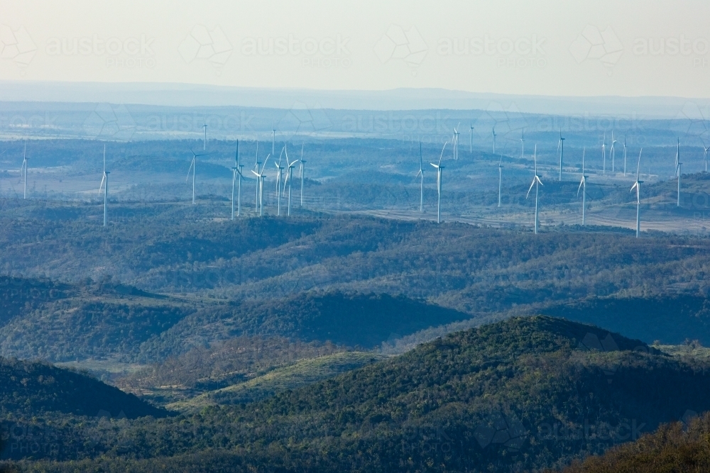Coopers Gap wind farm in southern Queensland viewed from the distant Bunya Mountains - Australian Stock Image