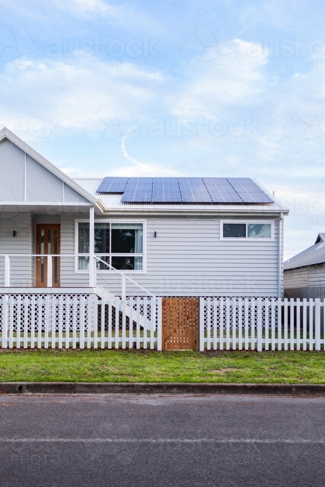 Copy space over solar panels on an Australian house in Hunter valley NSW - Australian Stock Image