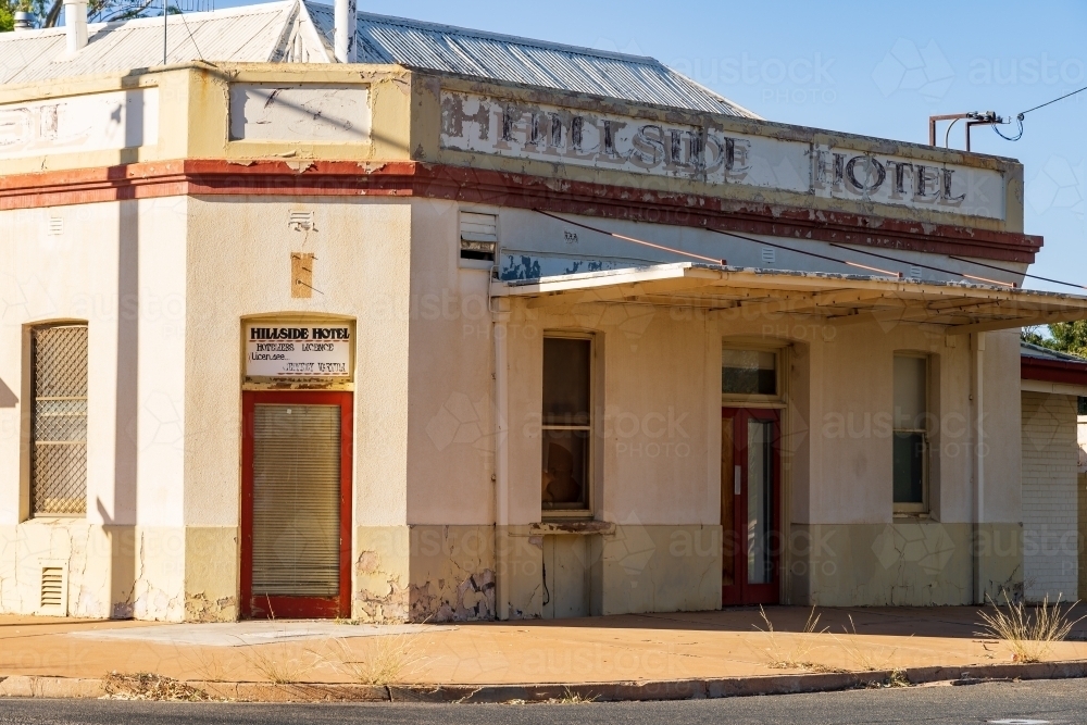Corner facade of an outback pub with veranda - Australian Stock Image