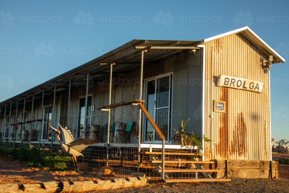 Corrugated tin look farm-stay accommodation with verandah - Australian Stock Image