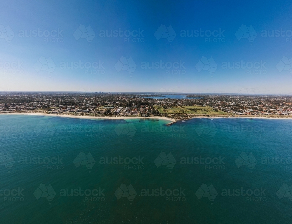Cottesloe Beach and coastline in morning seen from air - Australian Stock Image