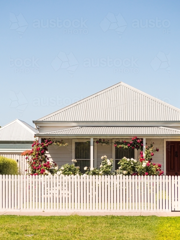 Country cottage with picket fence and red roses - Australian Stock Image