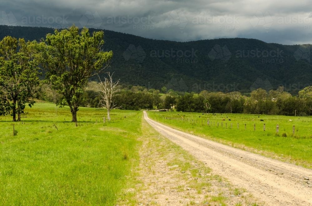 Country dirt road leading into mountains through pastures - Australian Stock Image