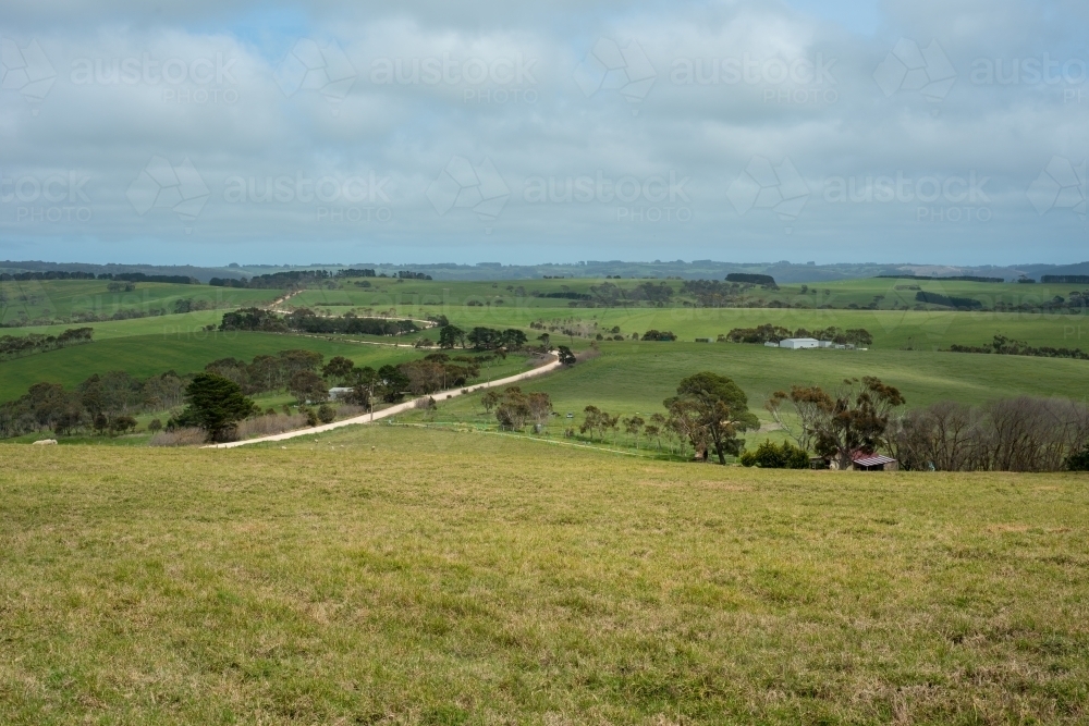 Country dirt road surrounded by green hills - Australian Stock Image
