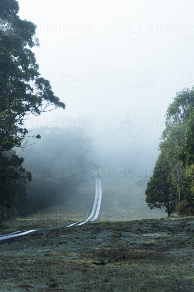 country dirt winding road into the mist - Australian Stock Image
